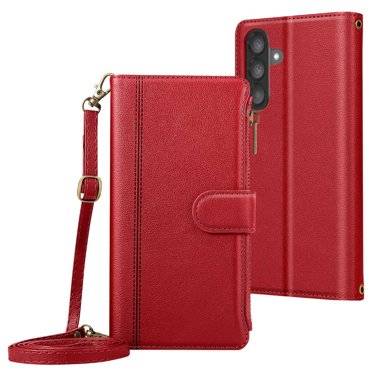 Una custodia rossa per telefono con cinturino, con fotocamera sul retro. Una parte è aperta. Il cinturino ha una fibbia.