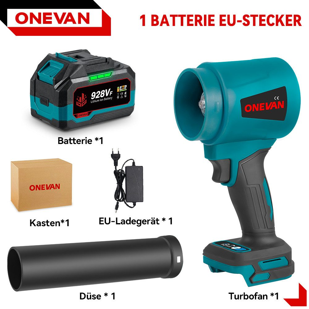 Das Bild zeigt Akku, Ladegerät, Karton und Turbofan. Alle sind beschriftet und mit dem Markennamen "ONEVAN" versehen.