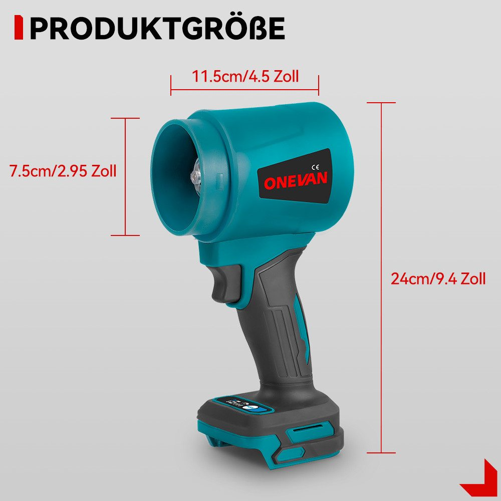 Ein teal-farbenes und schwarzes Handwerkzeug mit Maßen. Die Marke "ONEVAN" ist sichtbar. Abmessungen sind in cm und Zoll angegeben.