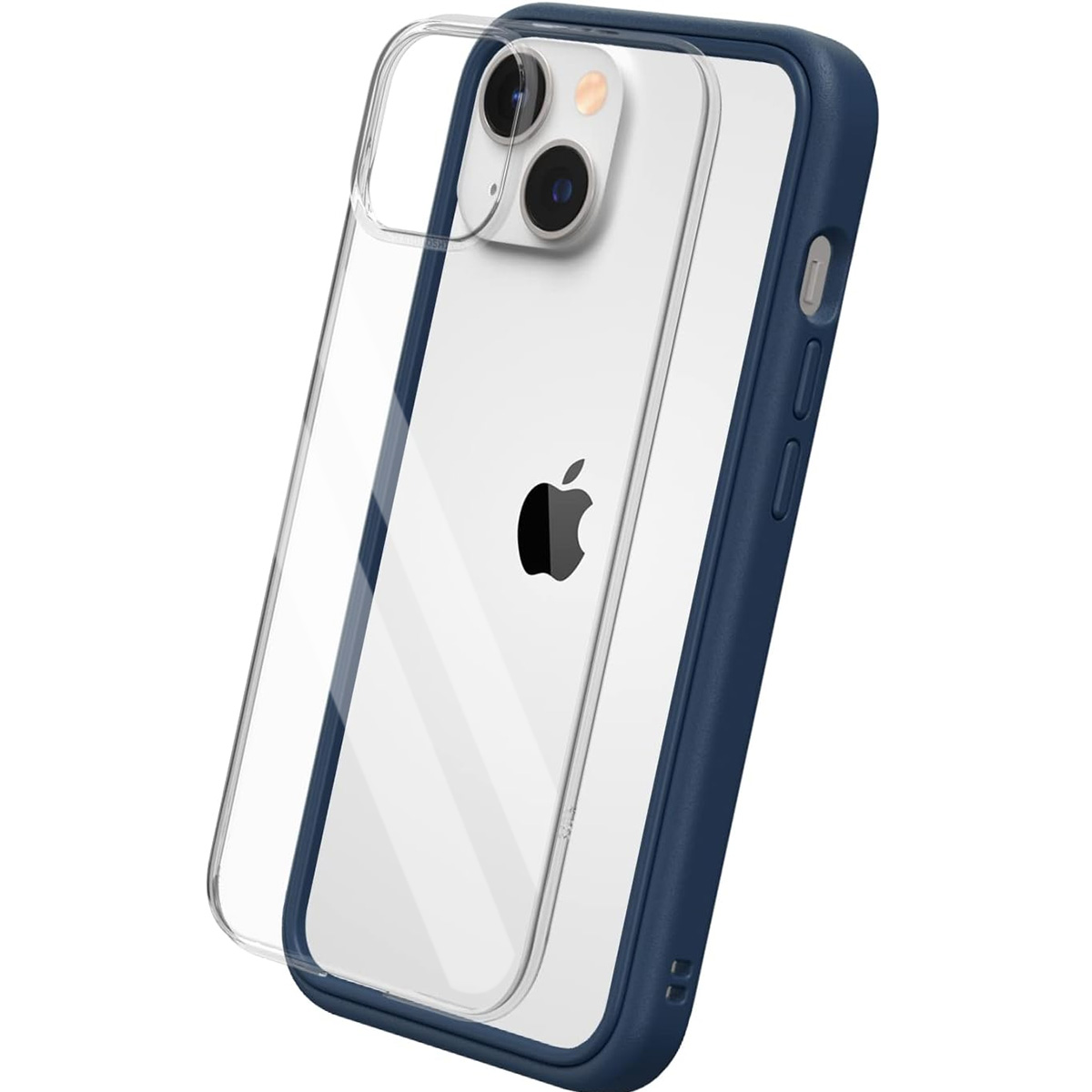 Viene mostrato un iPhone con una custodia trasparente. La custodia ha un telaio blu. Il logo Apple è visibile.