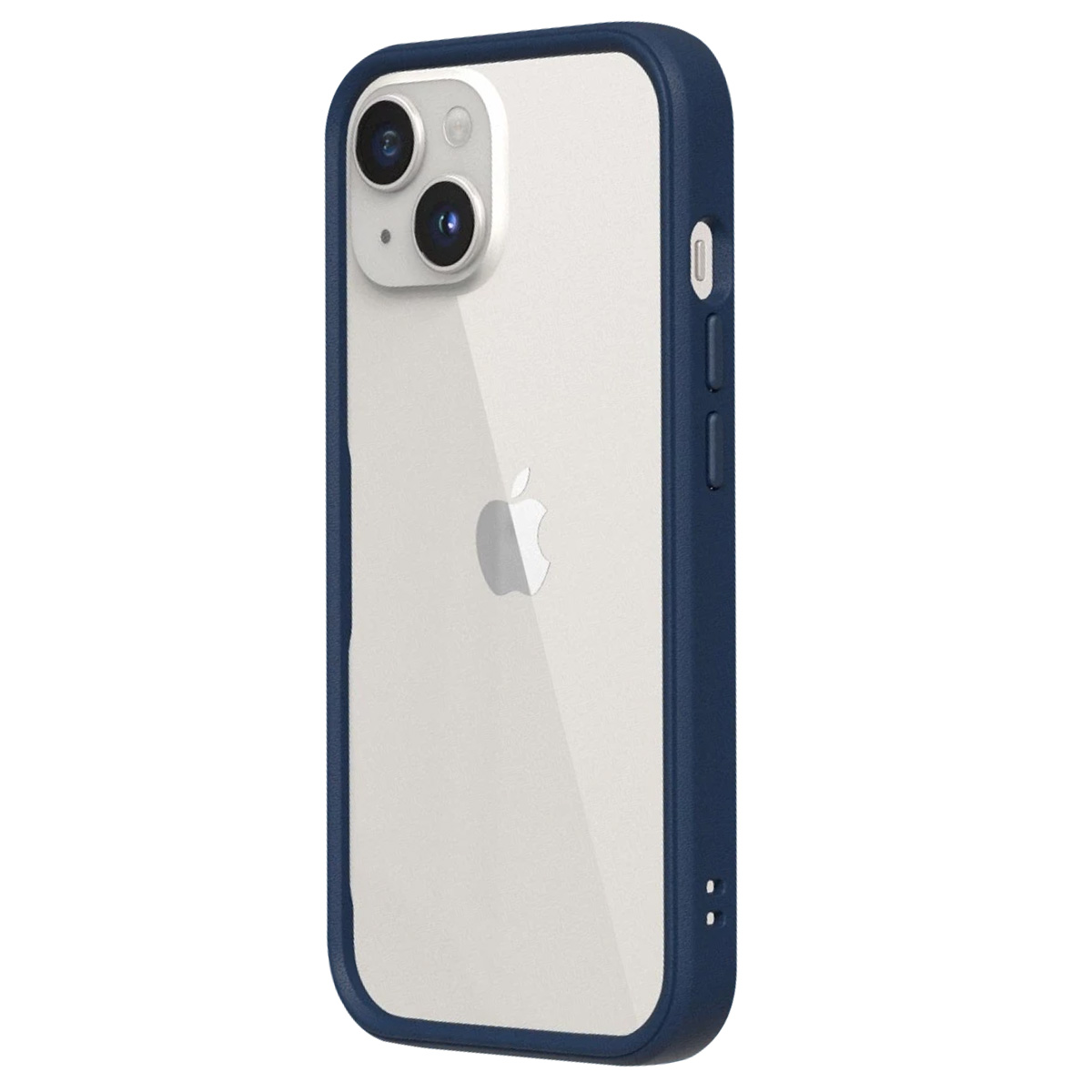 Uno smartphone in una custodia blu, con due fotocamere, un retro bianco con logo Apple e pulsanti laterali.