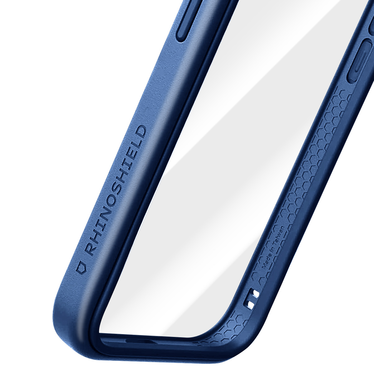 Primo piano di una custodia blu per telefono con centro trasparente. Il marchio 'RHINOSHIELD' è visibile. La custodia è su sfondo bianco.