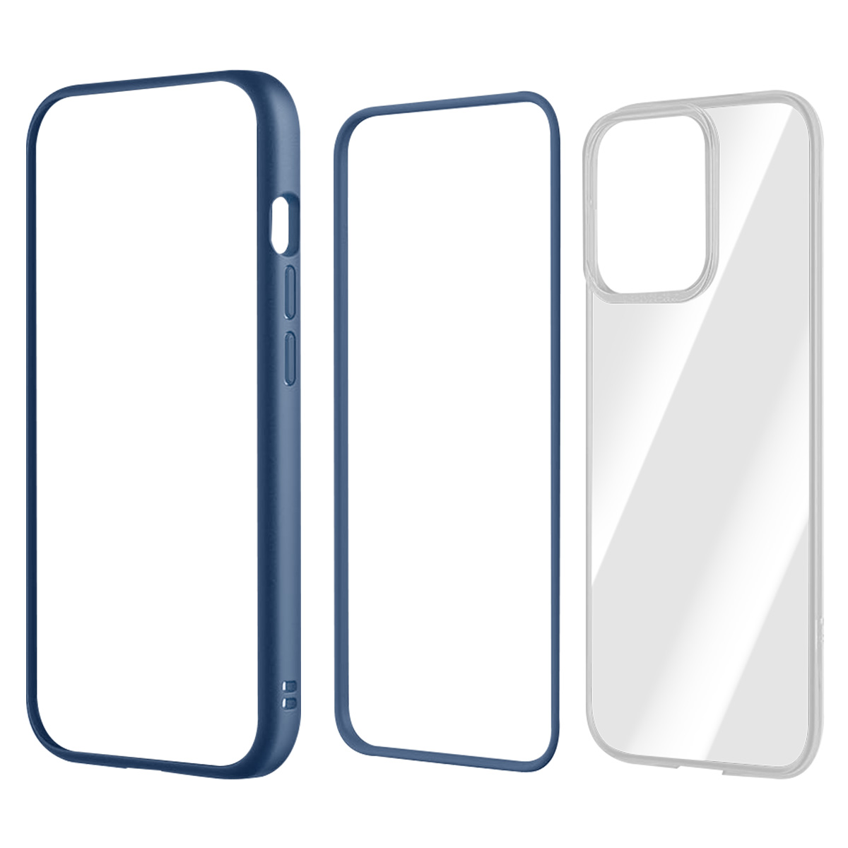 Tre custodie per telefono: blu scuro, trasparente e una custodia trasparente con bordo blu. Tutte vuote, che mostrano il design.