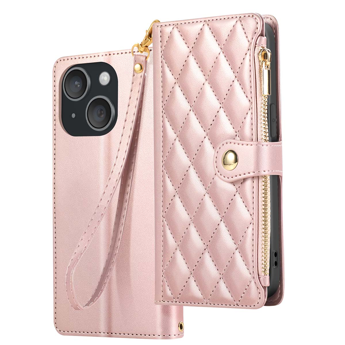 Custodia per telefono rosa con portafoglio trapuntato. Ha una cerniera dorata e un cinturino da polso. La custodia ha più fotocamere.