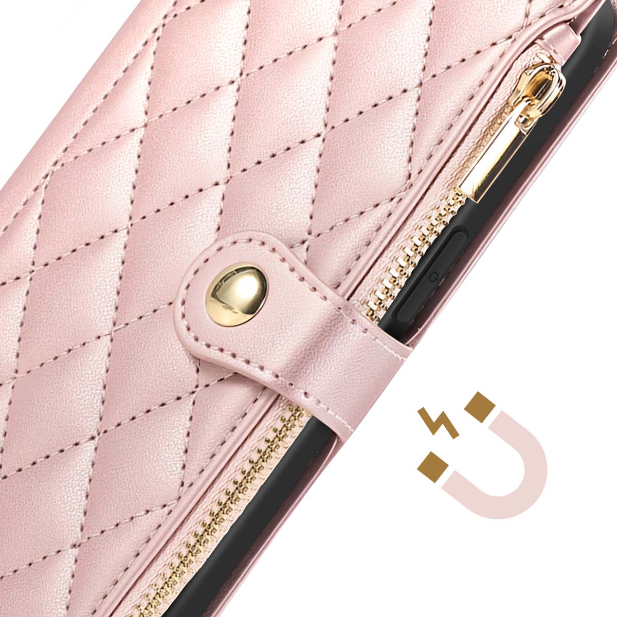Custodia per telefono in pelle rosa trapuntata con cerniera e bottone dorati. Un telefono è visibile all'interno. Simbolo magnetico.