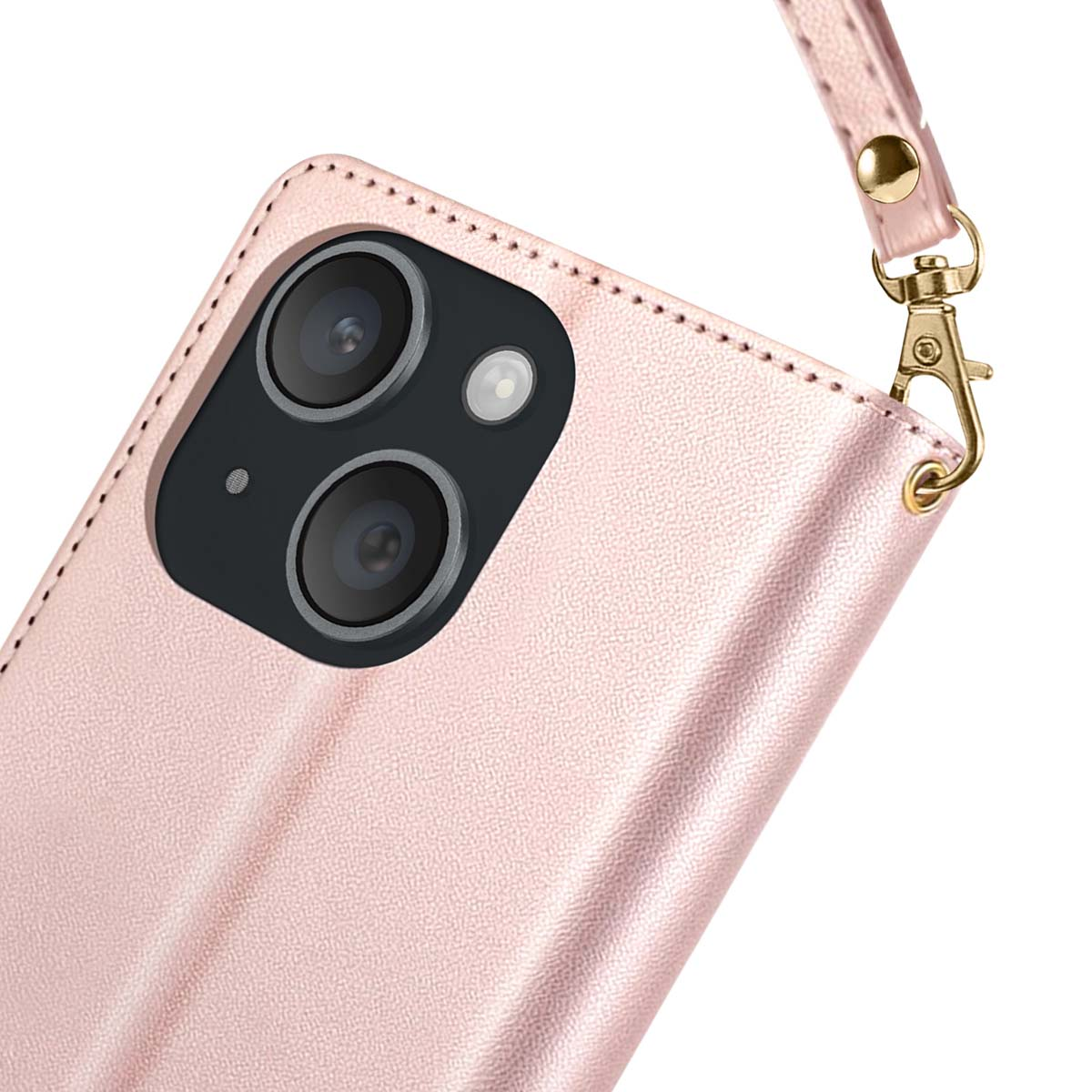 Primo piano di una custodia per telefono rosa con due obiettivi e un cinturino dorato. La custodia è simile alla pelle e il cinturino ha una chiusura.