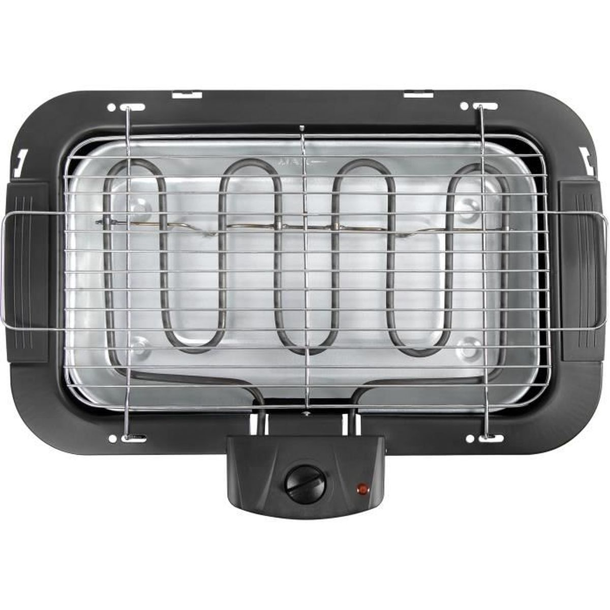 Draufsicht auf einen schwarzen Elektrogrill. Er hat einen Metallrost, Heizelemente und einen Bedienknopf mit rotem Licht.
