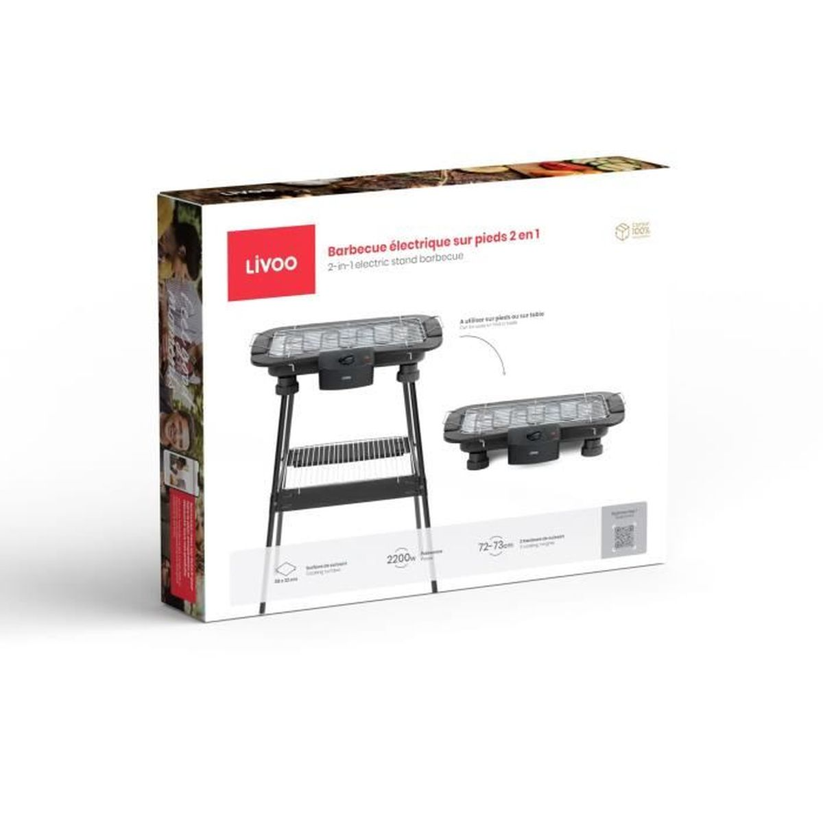Elektrischer Grill im Karton. Er hat eine schwarze Grillplatte, einen Ständer und ein Etikett. Die Marke ist Livoo. Der Titel ist 'Barbecue électrique'.