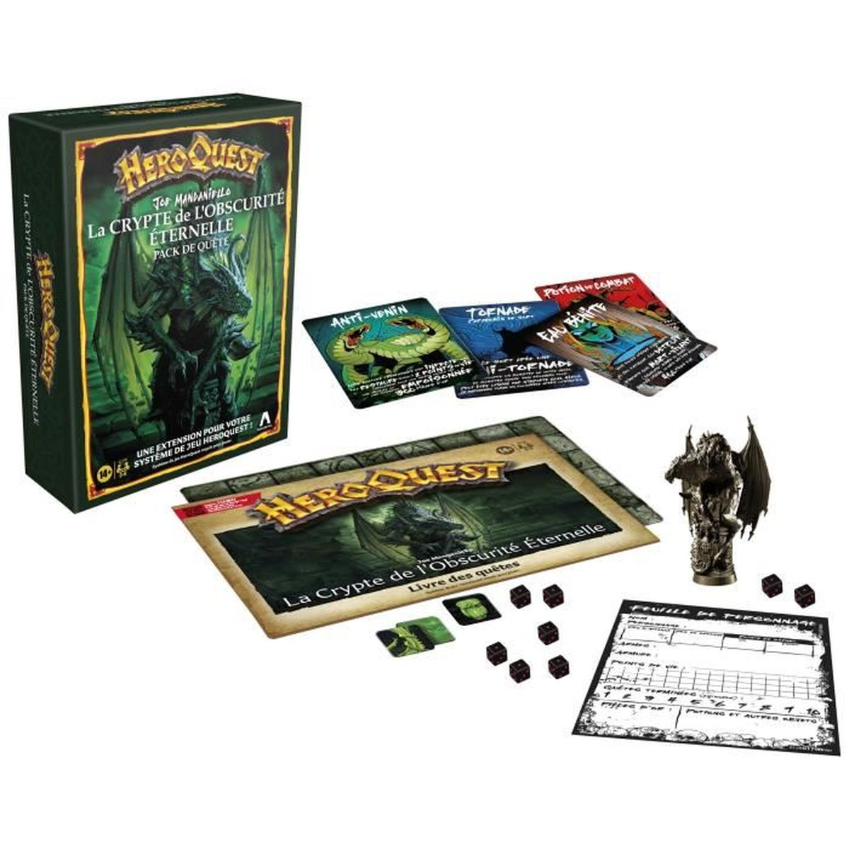 Un juego de mesa HeroQuest con caja, cartas, miniatura, dados y hojas de juego. La caja presenta una ilustración de dragón.