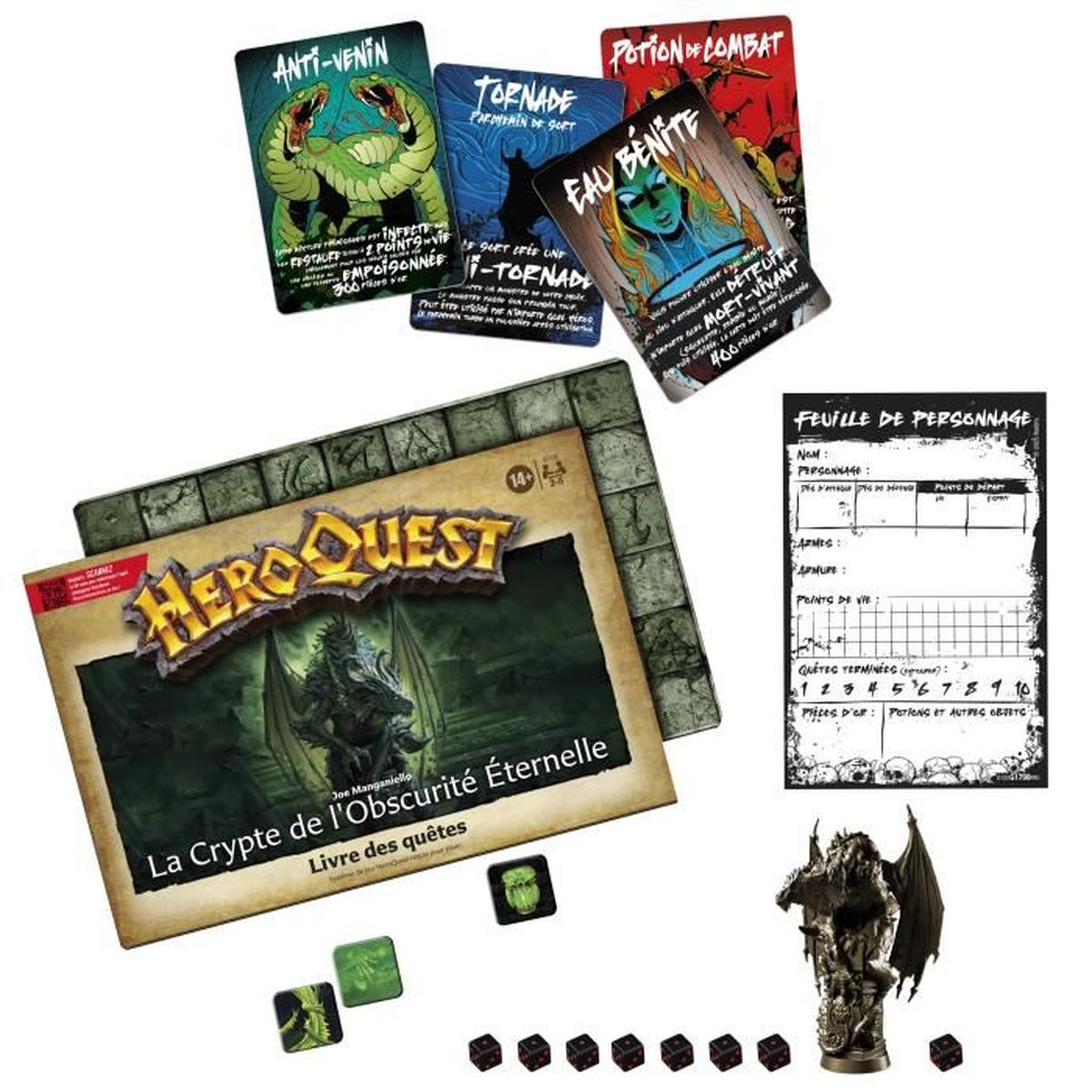 Componentes de un juego de mesa: cartas, dados, una figura y un libro de misiones, con el título "Hero Quest" y varias cartas de juego.