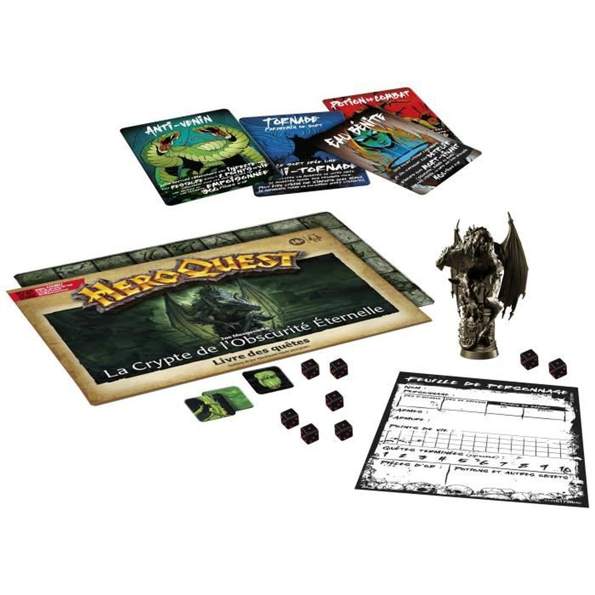 Configuración del juego de mesa: cartas, dados, hoja de personaje, libro y una figura. Las cartas tienen texto e imágenes. Los dados son negros. El título del libro está en francés.