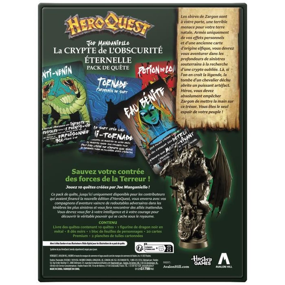 Arte de caja del juego HeroQuest con cartas, figura de dragón y texto.