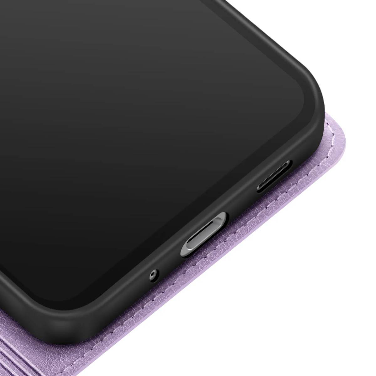 Nahaufnahme eines schwarzen Smartphones in einer lila Hülle. Die Hülle hat eine strukturierte Oberfläche und ist offen.