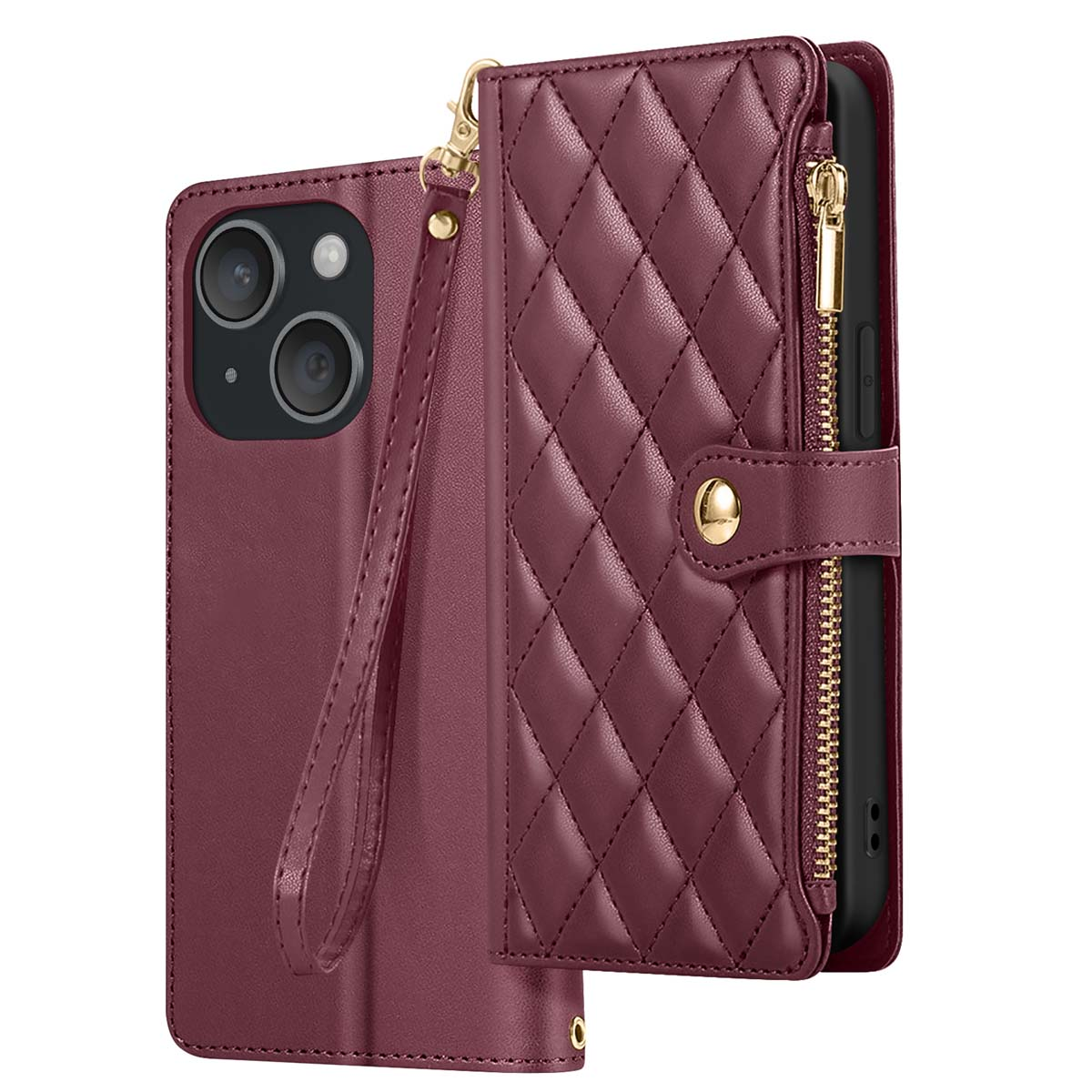 Una custodia per telefono in pelle bordeaux con funzione portafoglio. Ha un design trapuntato, una cerniera dorata e un cinturino da polso.