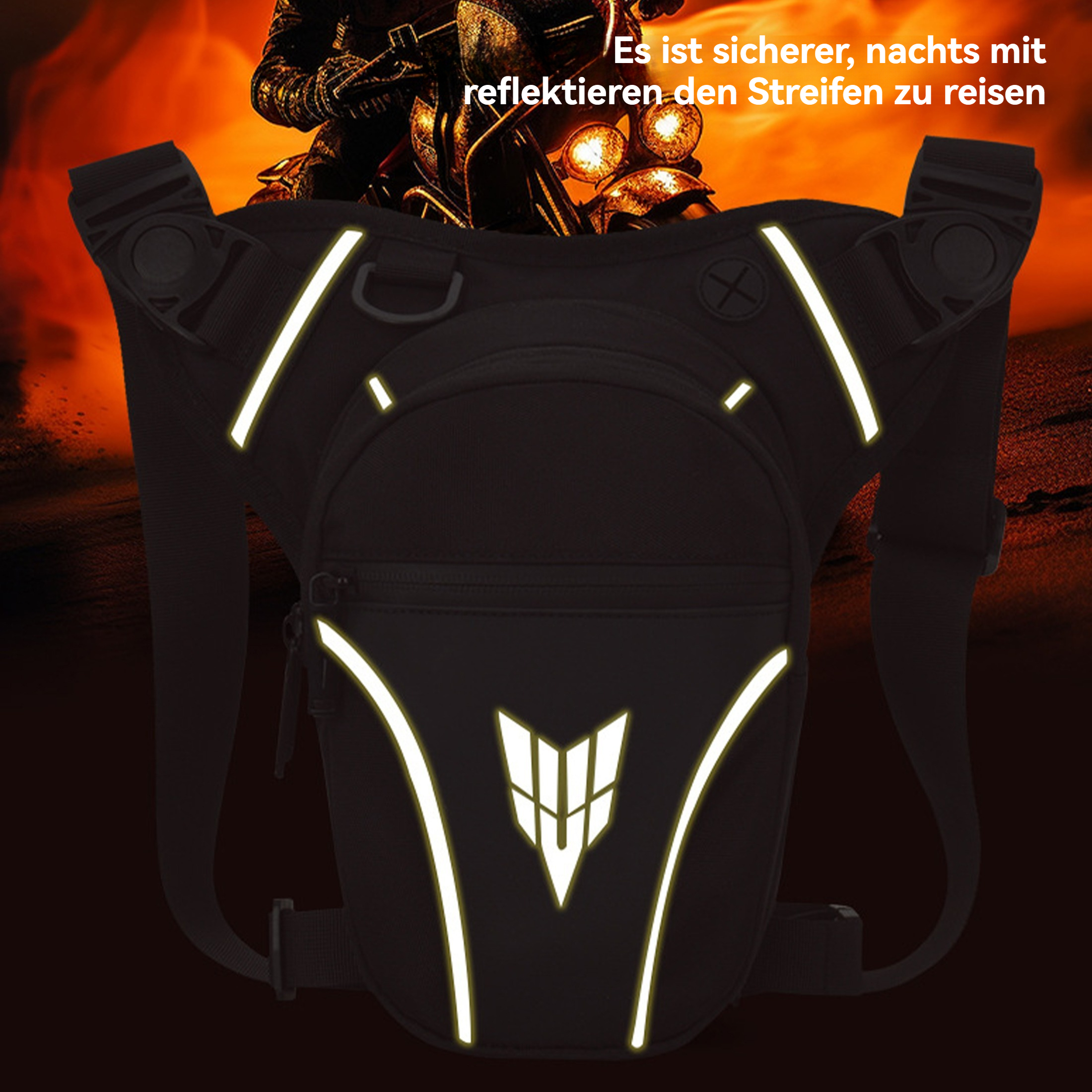 Schwarze Motorrad-Beintasche mit reflektierenden Streifen und Logo. Im Hintergrund ein Fahrer auf einem Motorrad, darüber Text.
