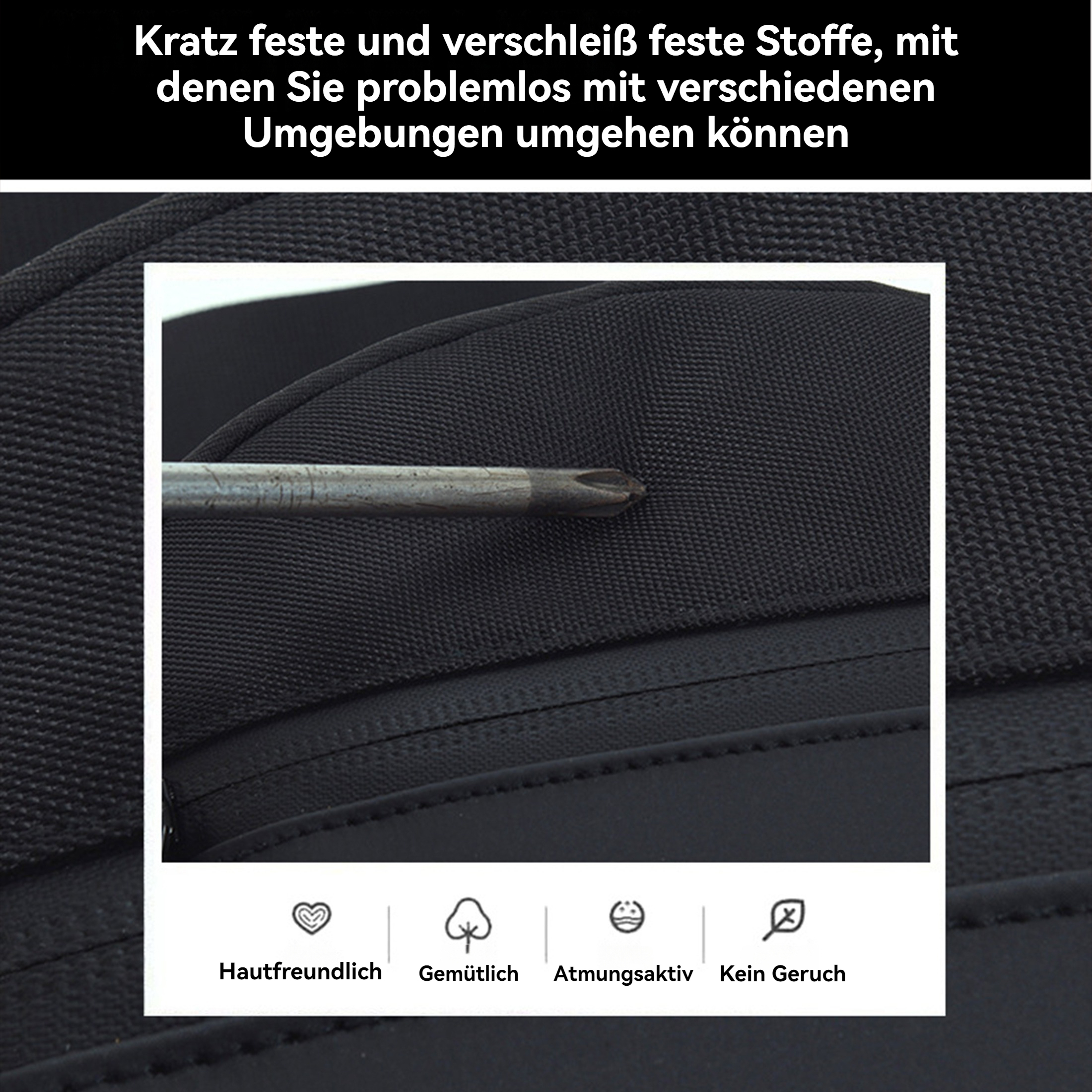 Nahaufnahme zeigt schwarzen Stoff und einen metallenen Schraubendreher. Text oben erwähnt strapazierfähige Materialien.