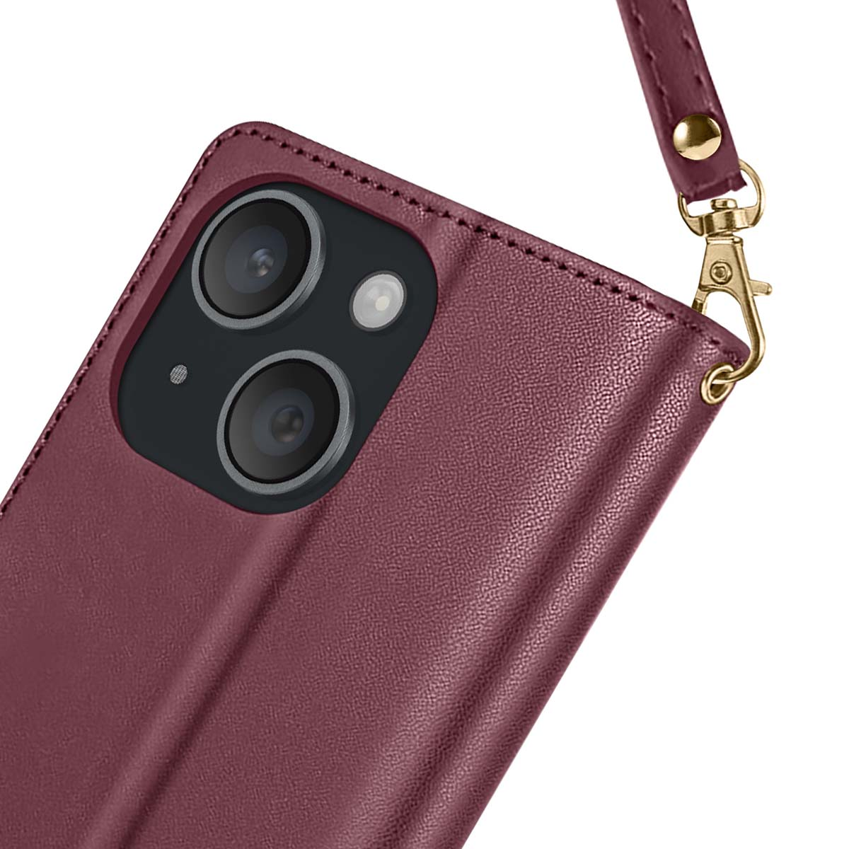 Una custodia per telefono bordeaux con modulo fotocamera è mostrata, attaccata a un cinturino abbinato. Un fermaglio dorato collega il cinturino.