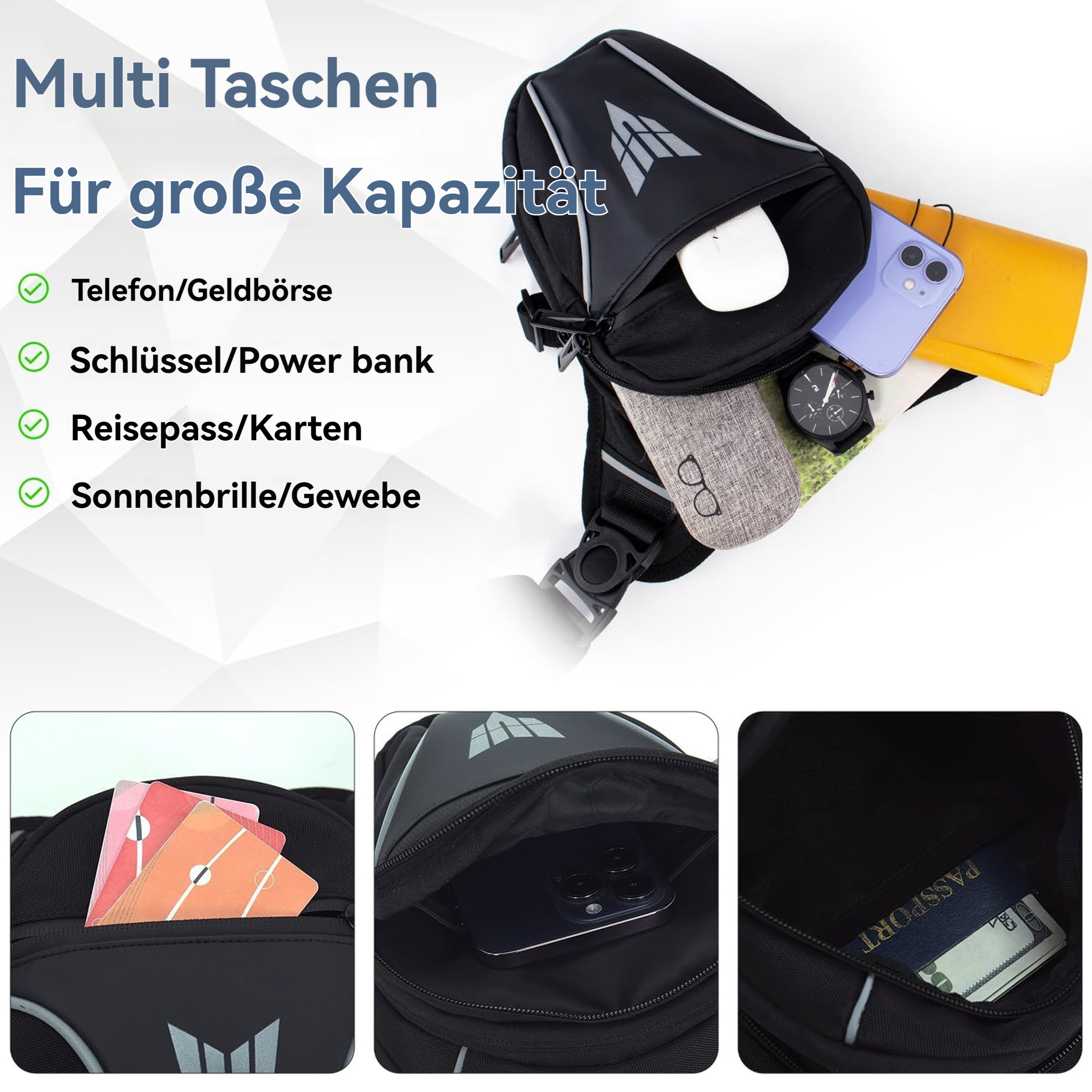 Schwarze Umhängetasche mit Inhalt: Telefon, Brieftasche, Uhr, Reisepass und Brillenetui. Text lautet 'Multi Taschen'.