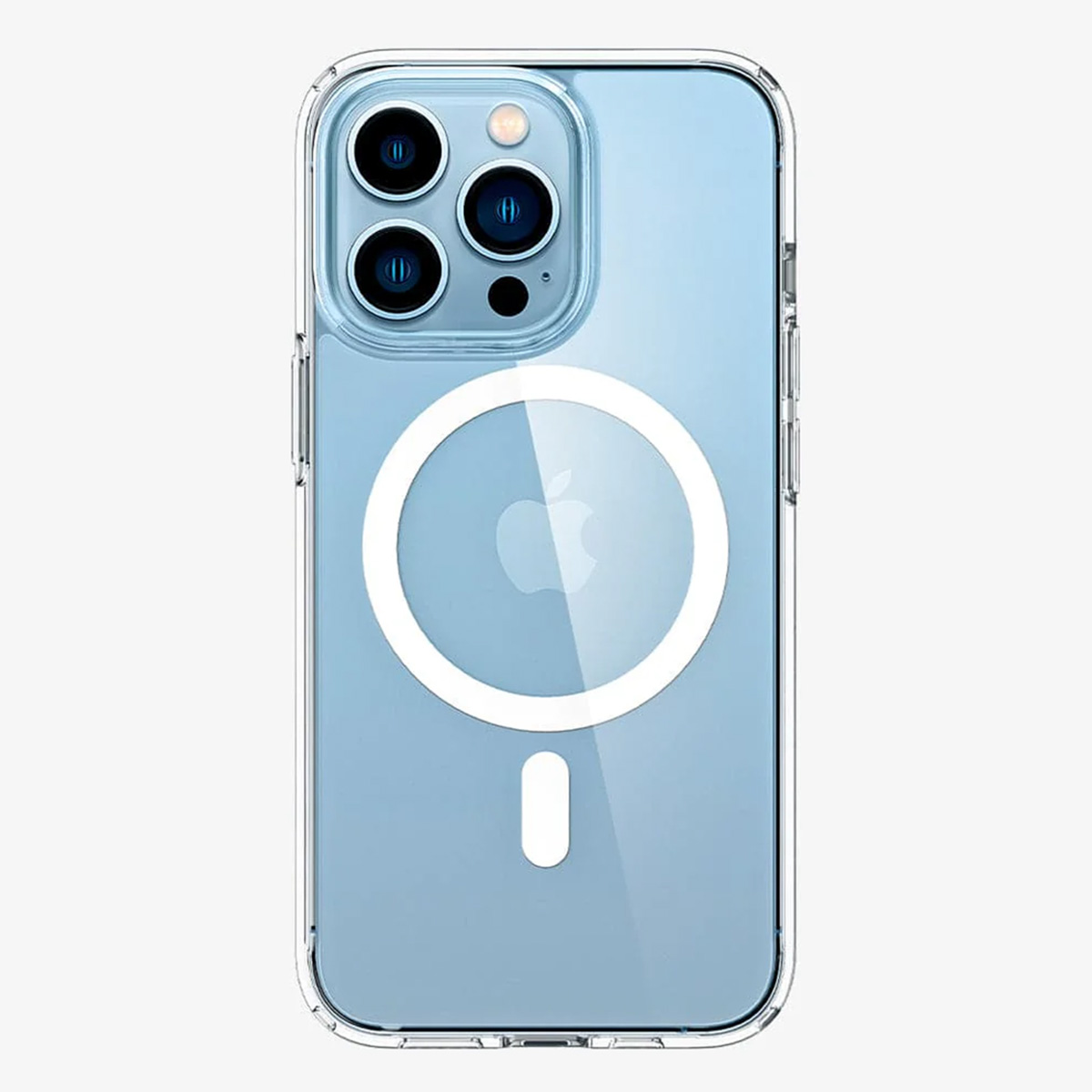 Una custodia trasparente per telefono su un iPhone blu. La custodia ha un anello magnetico bianco e una porta di ricarica rettangolare bianca.
