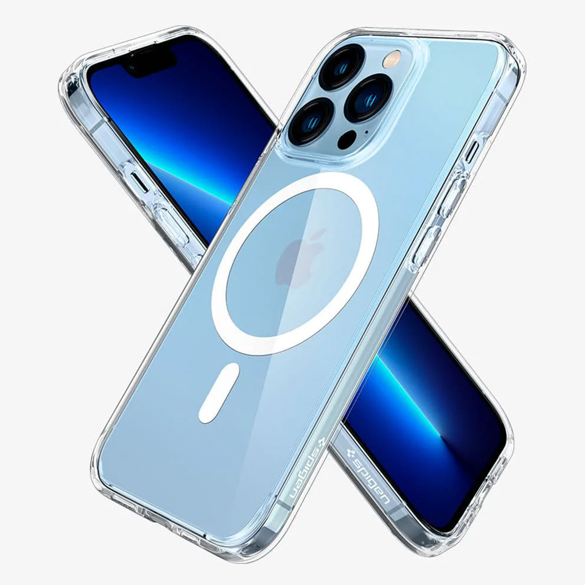 Due custodie trasparenti per telefoni, una parzialmente dietro l'altra, che mostrano gli schermi. Le custodie sono trasparenti e hanno un anello MagSafe.