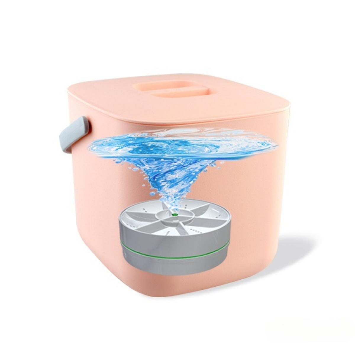 Eine rosa tragbare Waschmaschine, in der sich Wasser wirbelt. Die Maschine hat einen Deckel, einen Griff und ein rotierendes Innenteil.