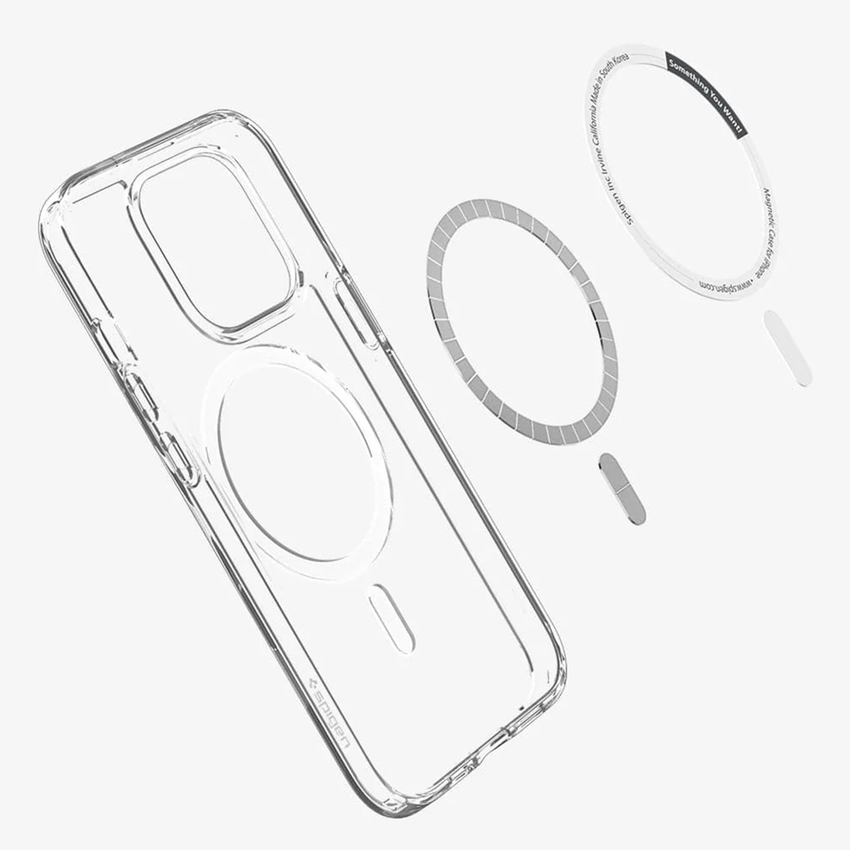 Custodia trasparente per telefono, con anelli magnetici e testo. Include il marchio "Spigen" e lo slogan "Something You Want!"