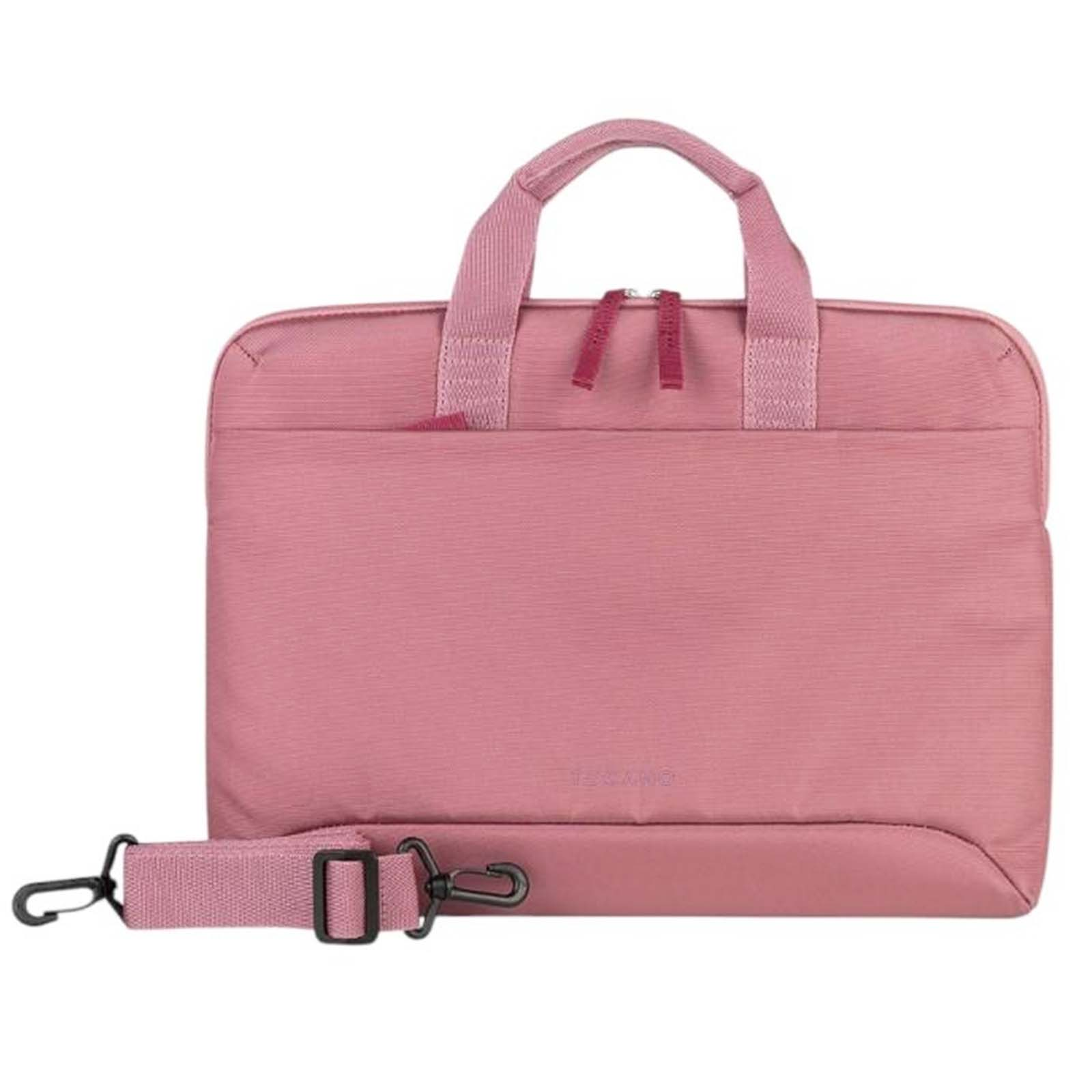 Una borsa rosa per laptop con manico e tracolla. Ha cerniere e un logo.