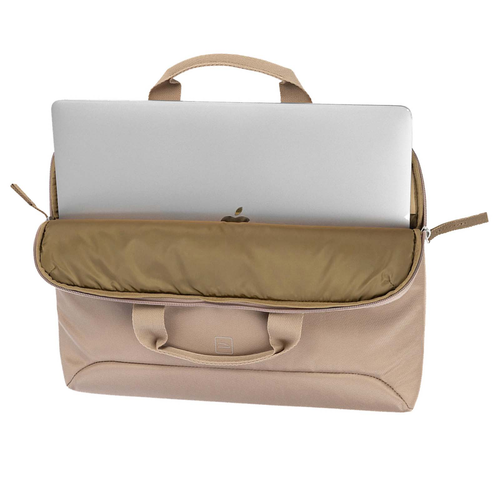 Una borsa beige per laptop con un laptop dentro. La borsa ha manico, cerniera e interno morbido.
