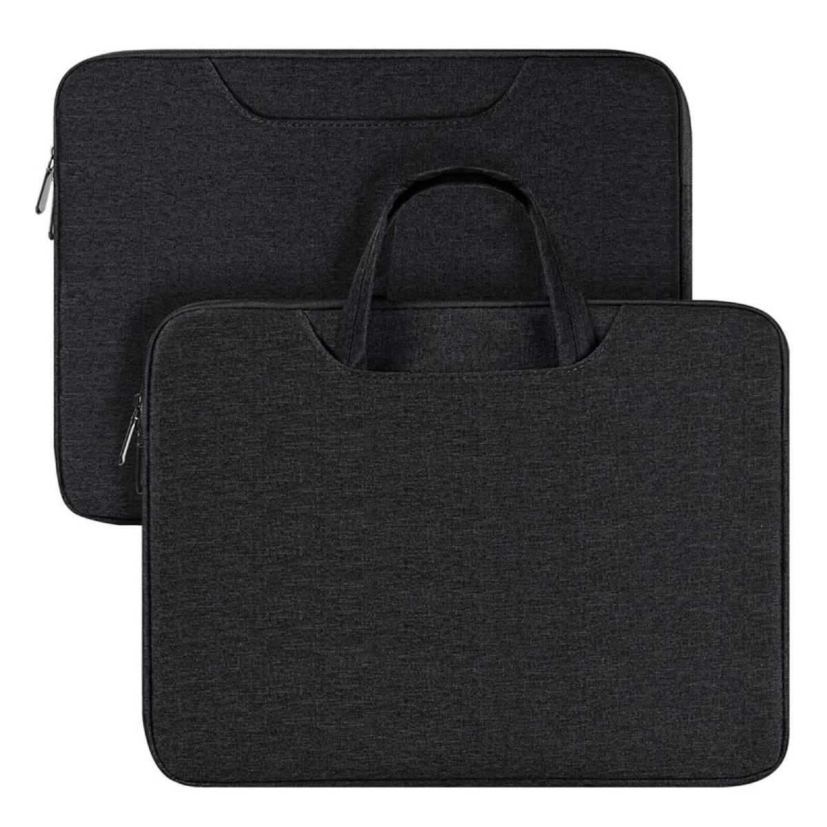 Zwei dunkelgraue Laptoptaschen. Die vordere hat einen Griff und die andere befindet sich dahinter. Beide haben Reißverschlüsse.