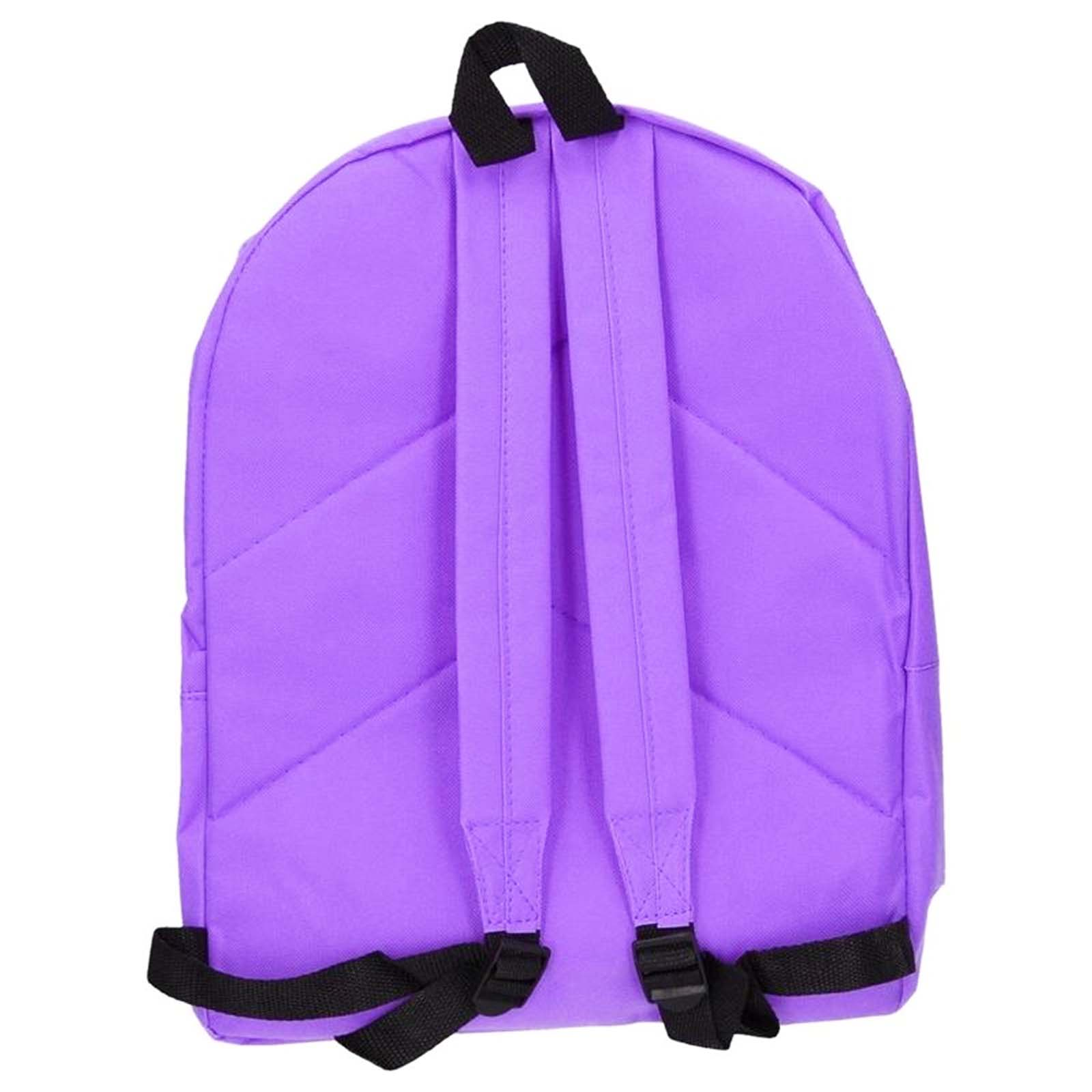Zaino viola con cinghie e manico neri. Ha due spallacci, una maniglia superiore e un design trapuntato sul retro.
