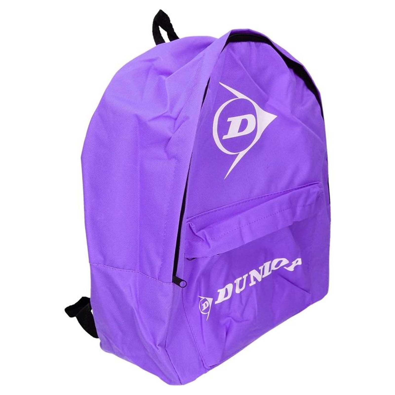 Uno zaino Dunlop viola con logo bianco. Ha una tasca frontale e spallacci neri.