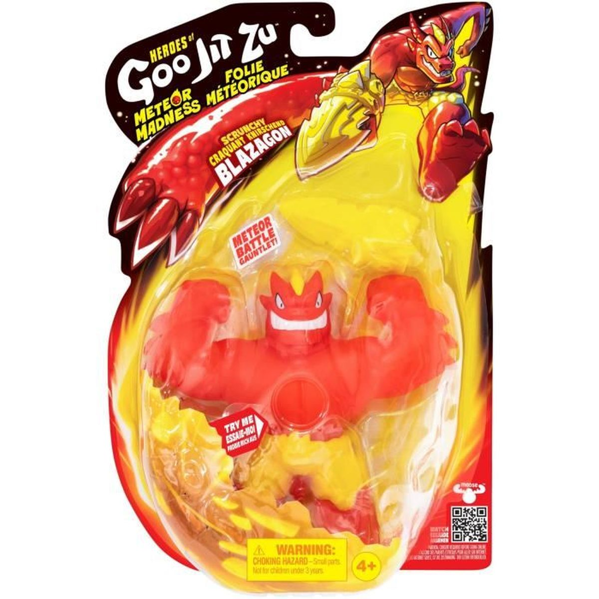 Ein rotes Blazagon-Spielzeug befindet sich in einer Blisterpackung. Die Verpackung enthält Text und Grafiken, darunter die Wörter "Meteor Madness".