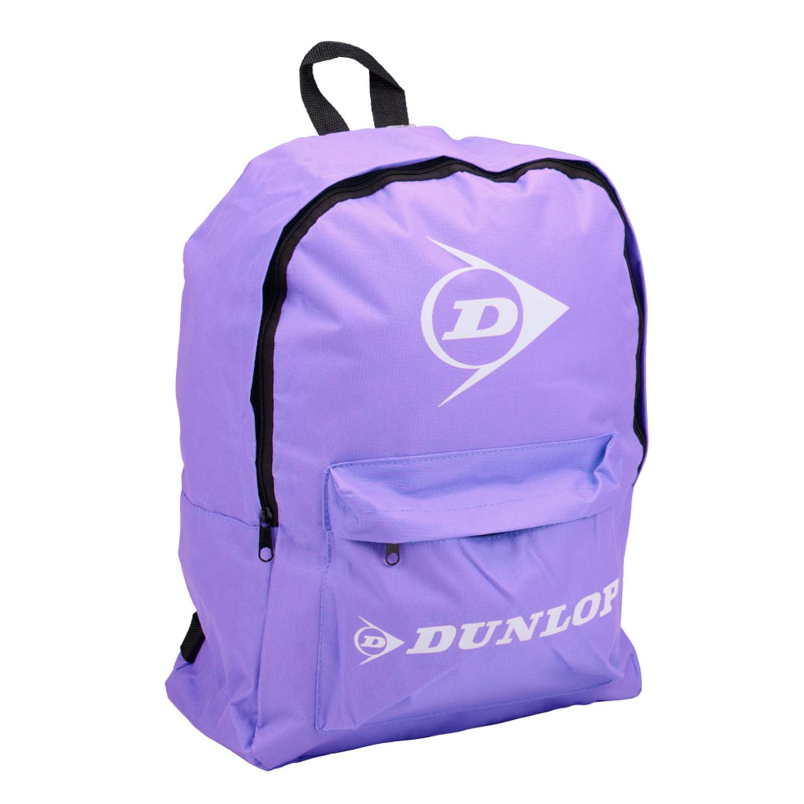 Uno zaino Dunlop viola con logo bianco e cerniere nere. Lo zaino è su sfondo bianco.
