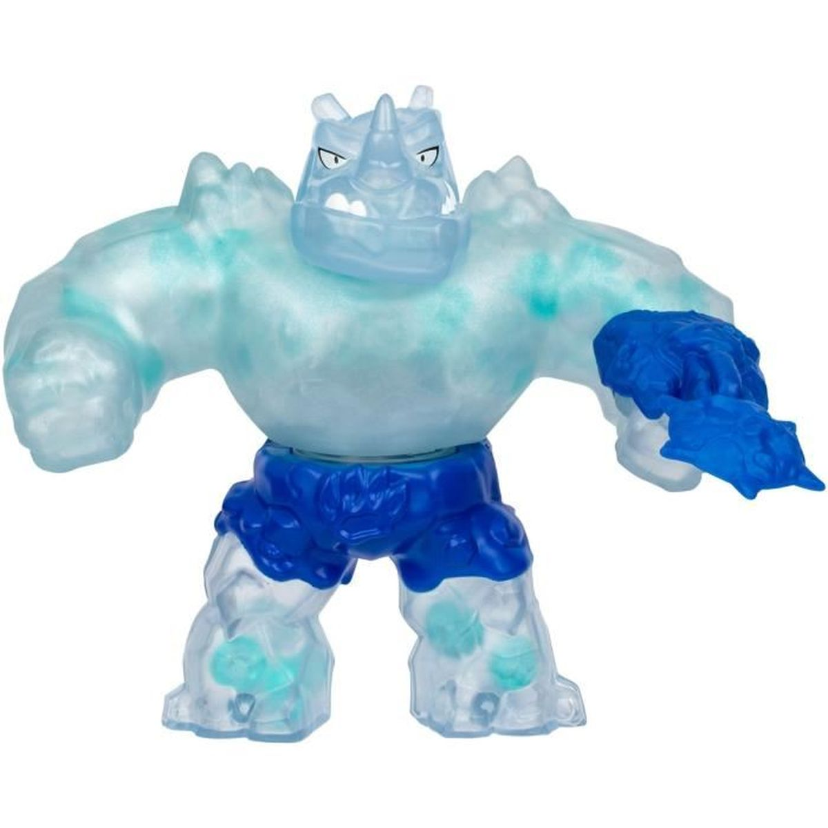 Eine blau-weiße Spielfigur, die einem nashornartigen Wesen ähnelt, mit muskulösen Armen und Beinen, blauen Shorts und einer blauen Waffe.