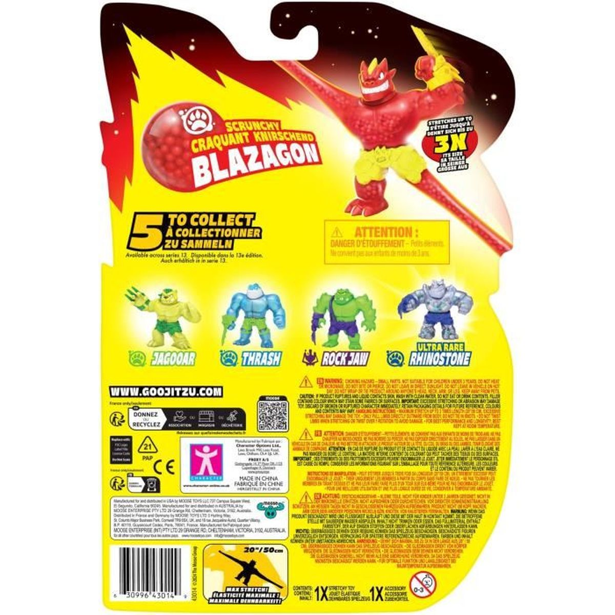 Rückseite einer Spielzeugverpackung mit Figuren, Text und Warnhinweis.