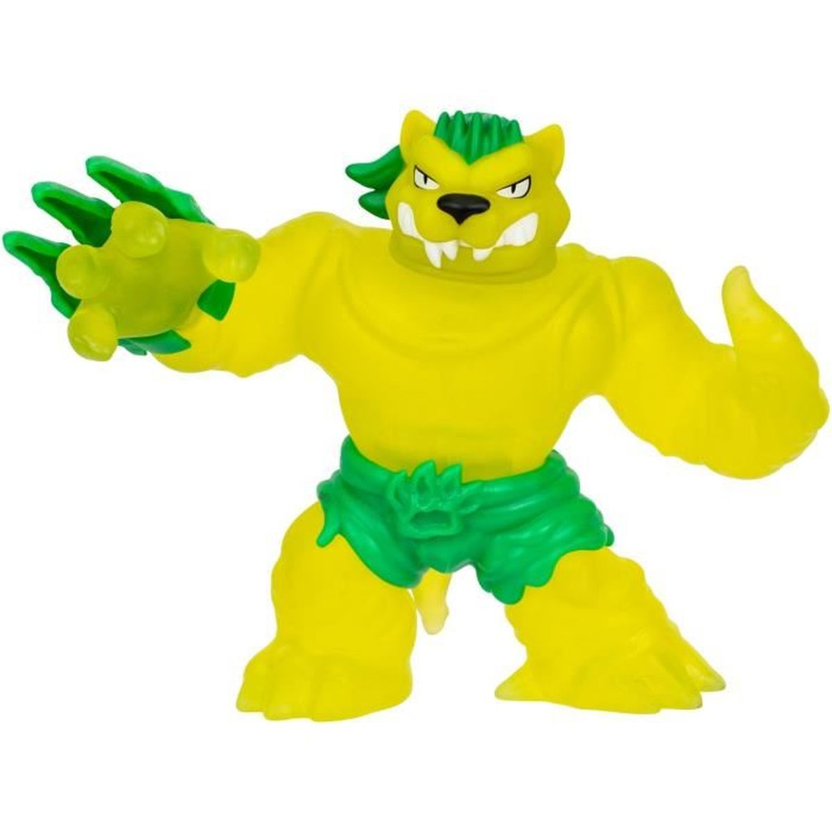 Gelbes Monster-Spielzeug mit grünen Akzenten. Es hat einen löwenartigen Kopf und grüne Shorts. Es ist in einer Kampfpose mit Krallen.