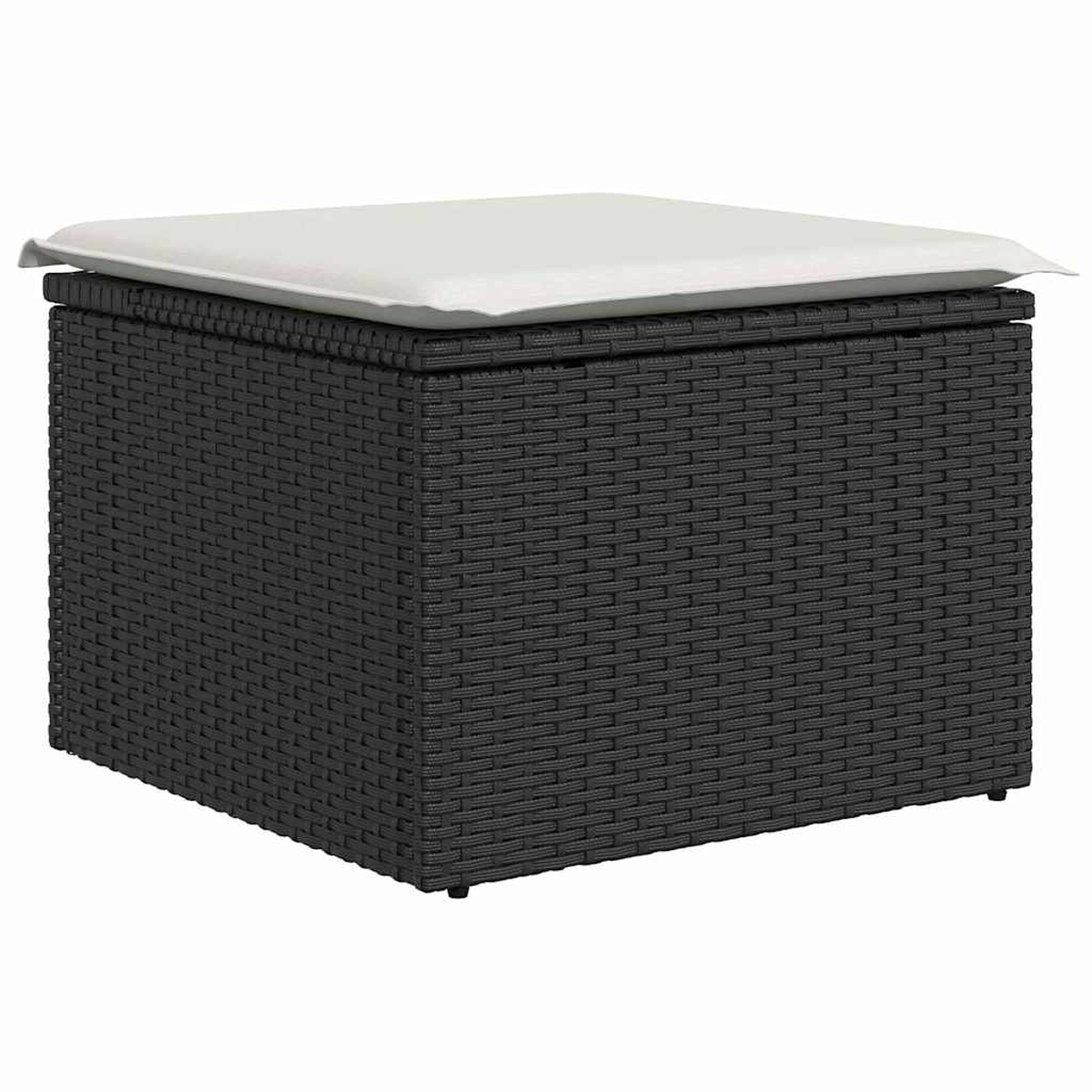 Eine schwarze, gewebte Aufbewahrungshocker mit einem weißen Kissen oben. Der Hocker ist rechteckig, und der Hintergrund ist weiß.