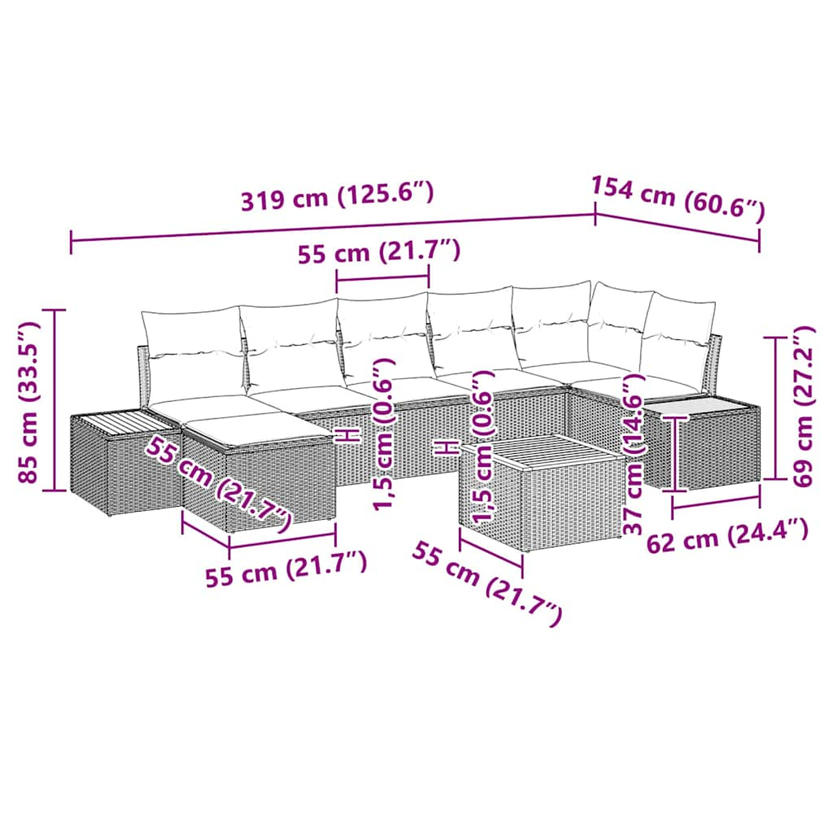 Ein Outdoor-Ecksofa mit in Zentimetern und Zoll beschrifteten Abmessungen, die Länge, Breite und Höhe zeigen.
