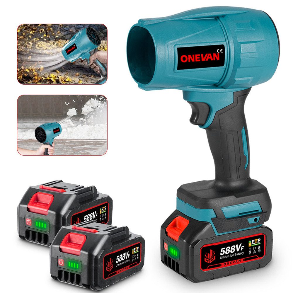 Ein blaugrünes und schwarzes ONEVAN-Gebläse mit zwei Batterien. Kleine Bilder zeigen das Gebläse beim Blasen von Blättern und Schnee.