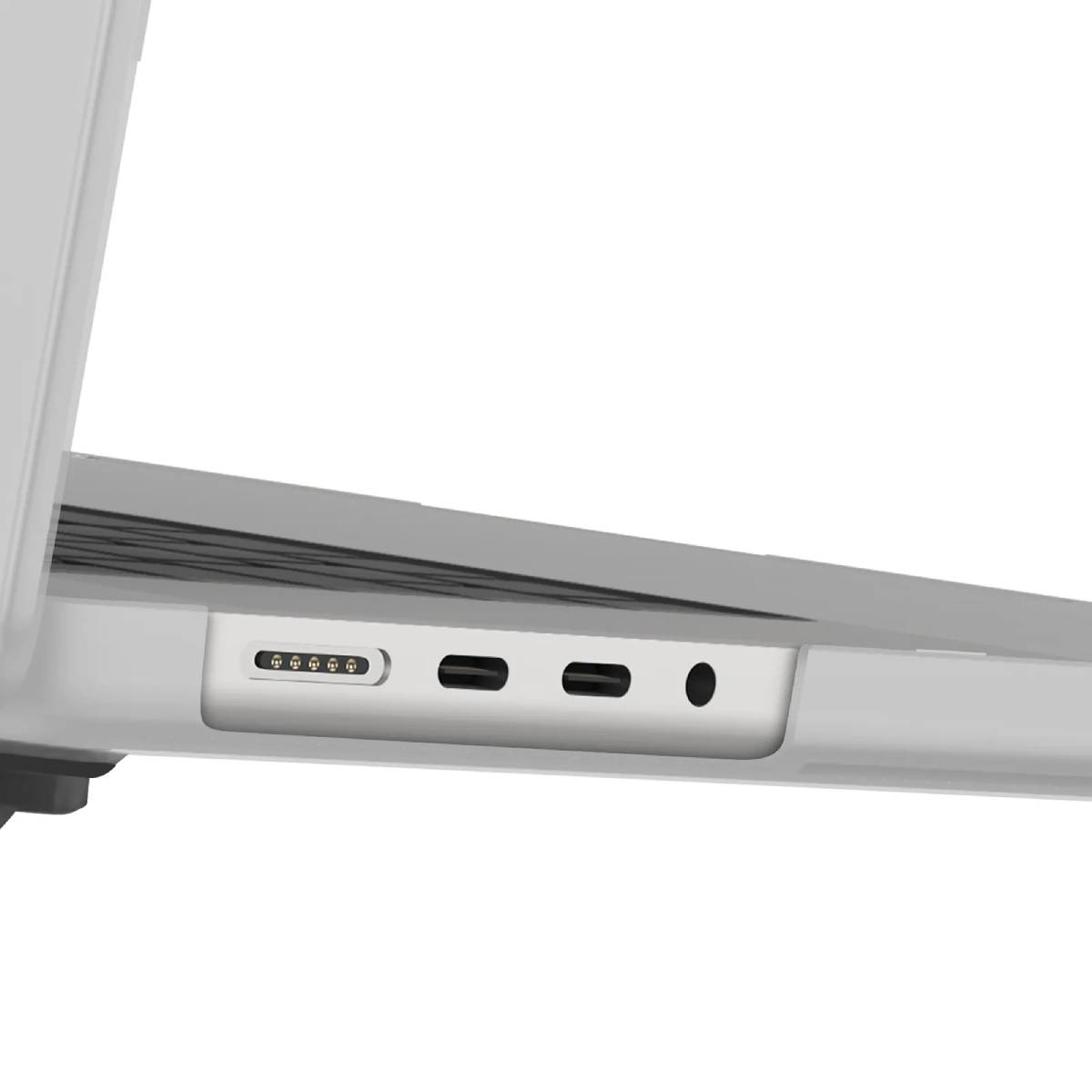 Nahaufnahme einer Laptopseite. Sichtbar sind Anschlüsse: MagSafe, USB-C und ein Kopfhöreranschluss. Der Laptop ist silbern und teilweise geöffnet.