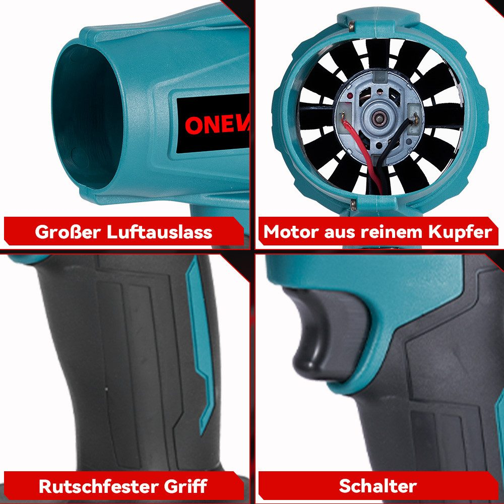 Nahaufnahme eines türkisfarbenen Elektrowerkzeugs mit schwarzen und grauen Details. Enthält einen großen Luftauslass, einen Kupfermotor, einen rutschfesten Griff und einen Schalter.