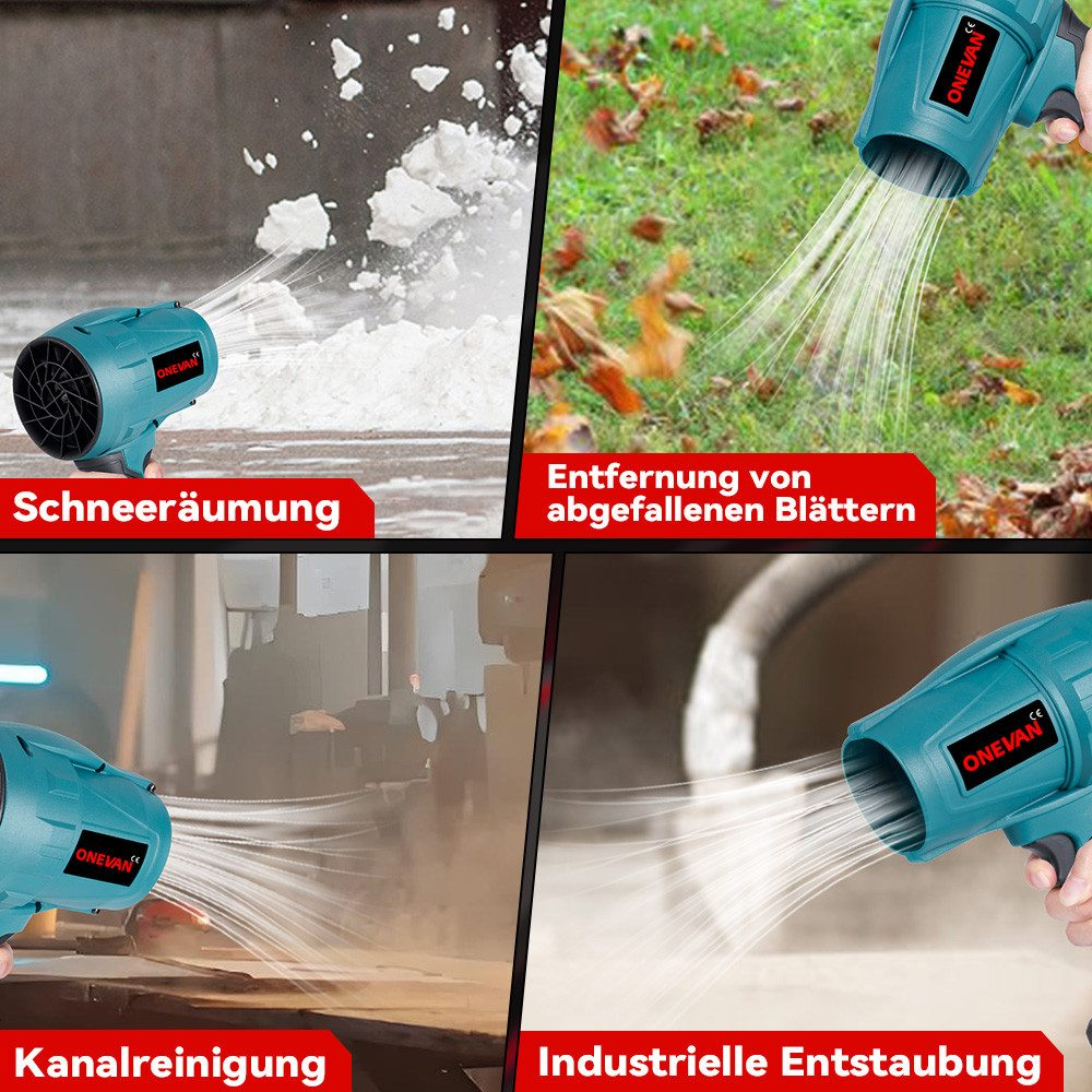 Ein türkisfarbener ONEVAN-Bläser in Aktion, der Schnee, Blätter, einen Kanal reinigt und zum industriellen Entstauben dient. Vier verschiedene Kontexte.