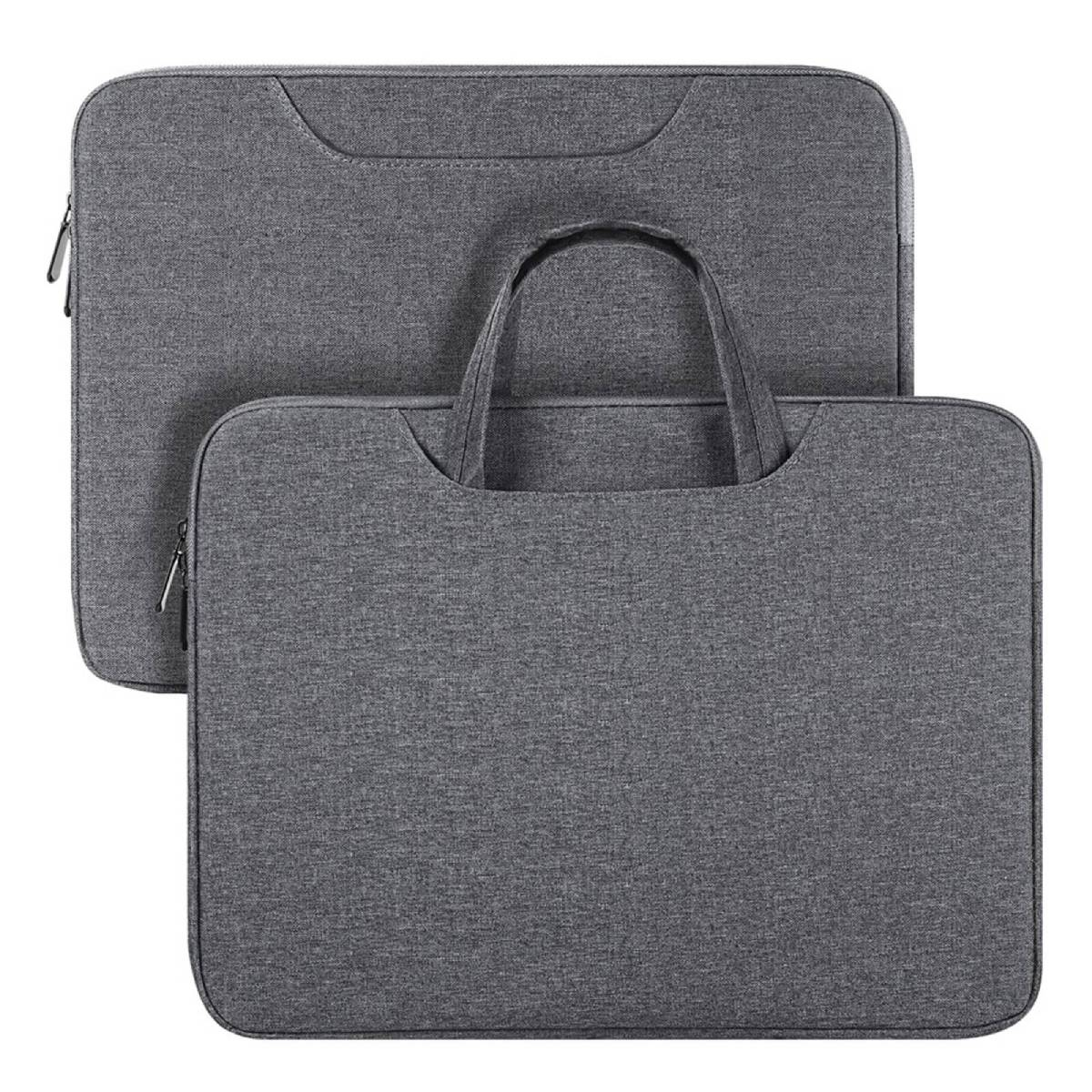 Zwei graue Laptop-Taschen. Eine hat einen Griff. Beide haben Reißverschlüsse.