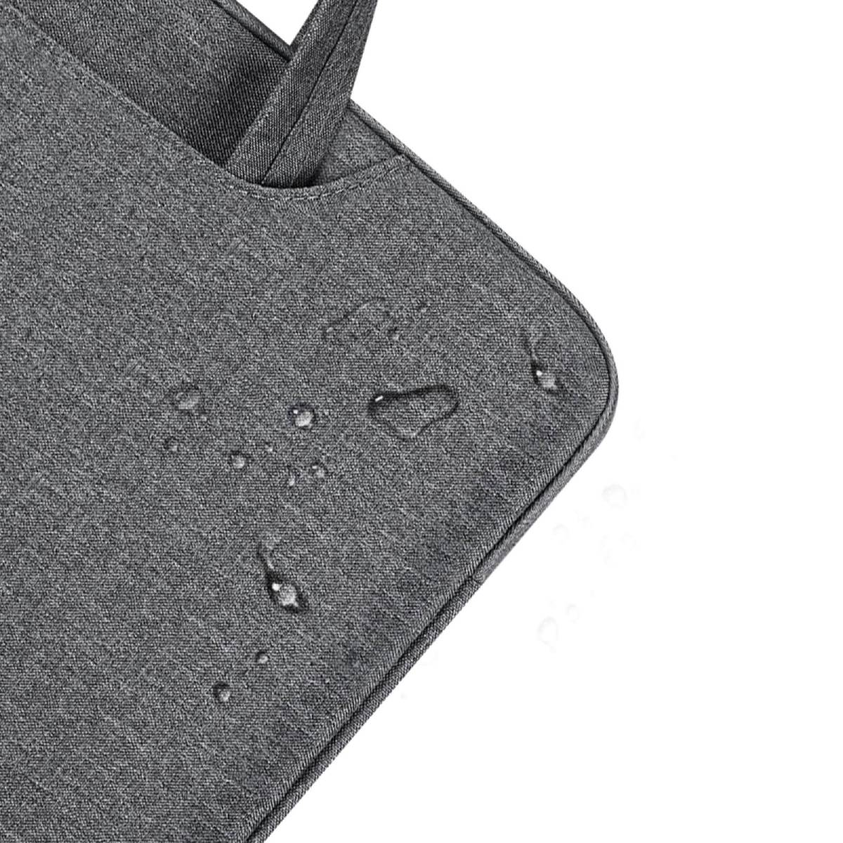 Nahaufnahme eines grauen Stoffes mit Wassertropfen, möglicherweise eine Tasche. Der Hintergrund ist weiß, und der Griff ist oben links sichtbar.