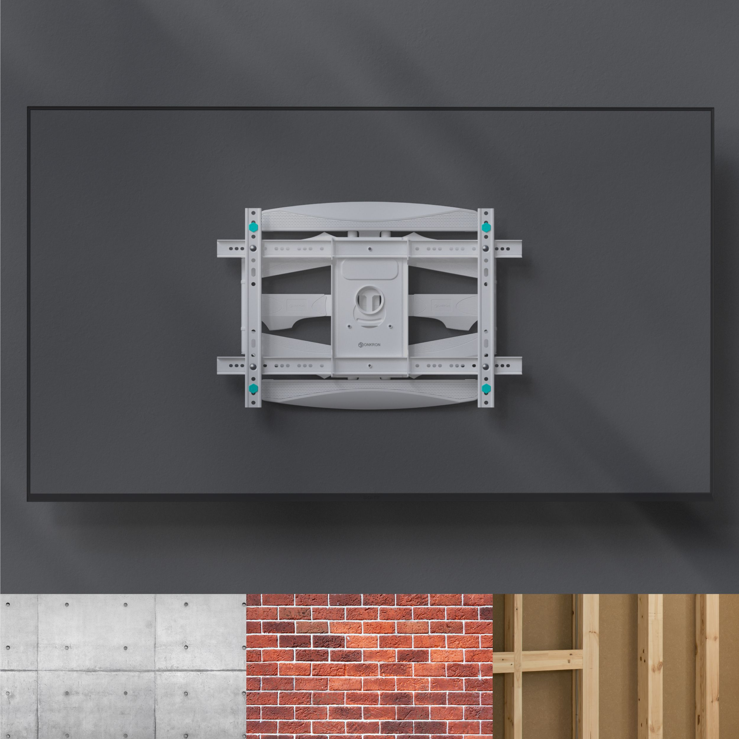 Uchwyt do telewizora na szarej ścianie. Poniżej panel z betonu, cegieł i drewna.
