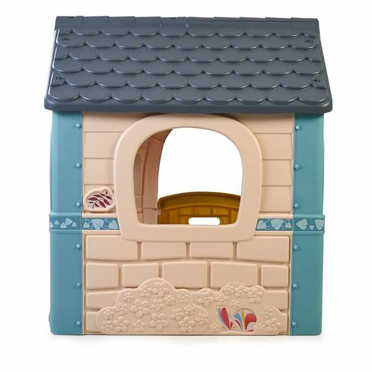 Ein farbenfrohes Spielhaus. Es hat ein graues Dach, hellbeige Wände und einen blauen Rand. Das Fenster hat einen gelben Sitz.