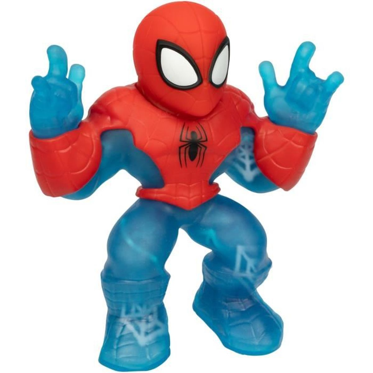 Eine Spider-Man-Spielzeugfigur steht mit erhobenen Armen da. Sie ist rot und blau, mit einem schwarzen Spinnenemblem. Die Augen sind weiß.