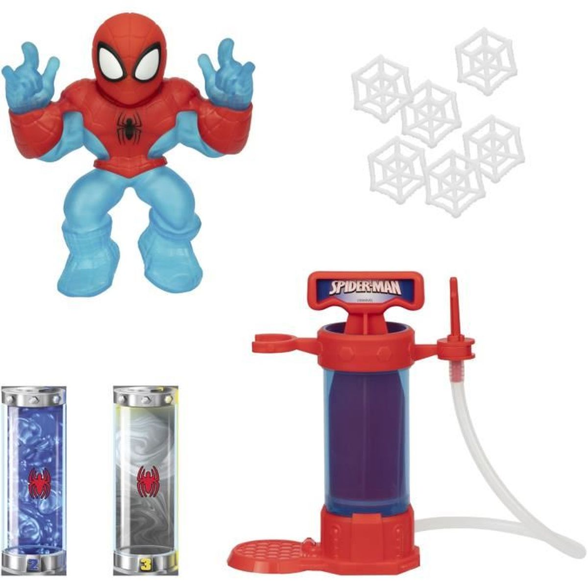 Ein Spider-Man-Spielzeugset. Enthält eine rot-blaue Spider-Man-Figur, Netzprojektile, zwei Kapseln und einen Netzwerfer.