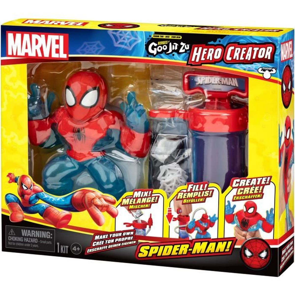 Ein Spider-Man-Spielzeugset in einer Schachtel. Es enthält eine Spider-Man-Figur, ein Mischwerkzeug und Anweisungen. Die Box ist rot, blau und gelb.