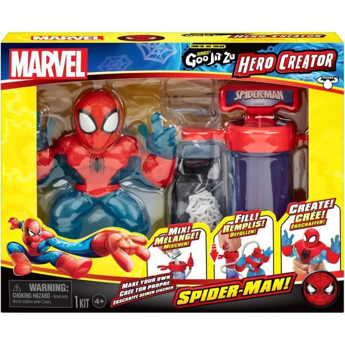 Ein Spider-Man Hero Creator Spielzeugset. Es zeigt Spider-Man-Figur und Zubehör. Die Box zeigt das Marvel-Logo und Produktanweisungen.